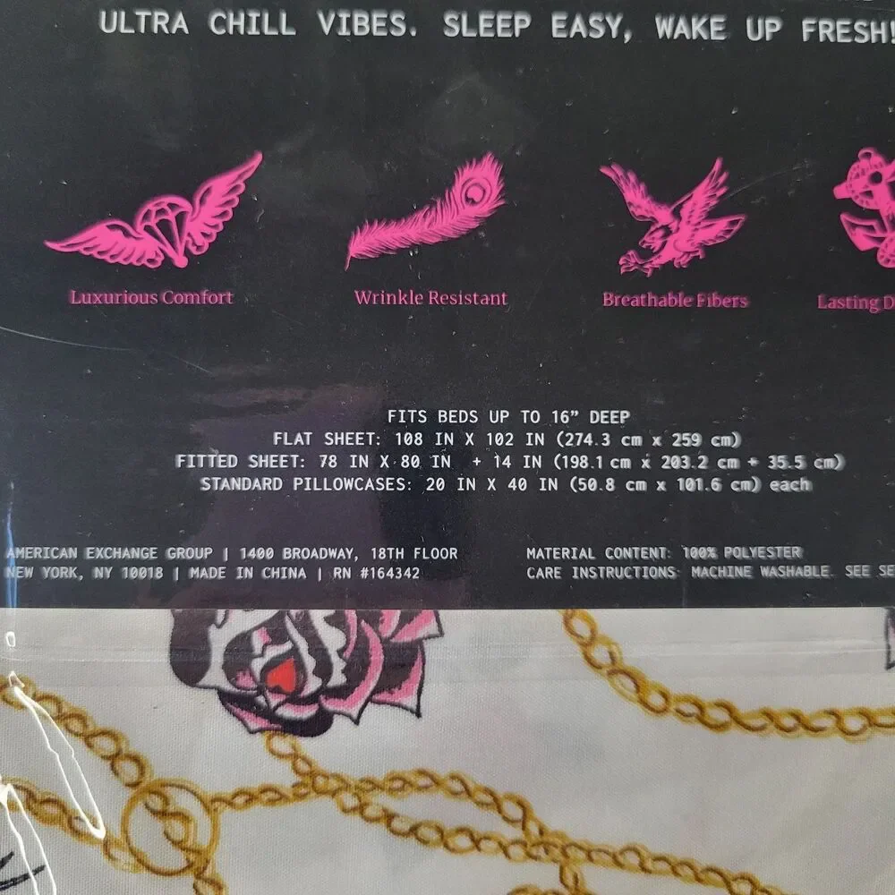Ed Hardy KING Sheets Set 6pc White Pink Skull Roses Gold Chain Love Kills Tattoo